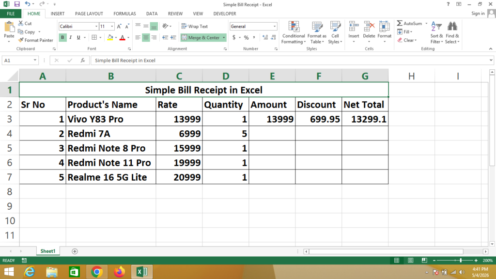 Simple Bill Receipt in Excel