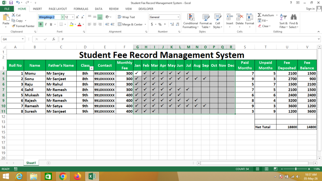 Student Fee Record Management System in Excel