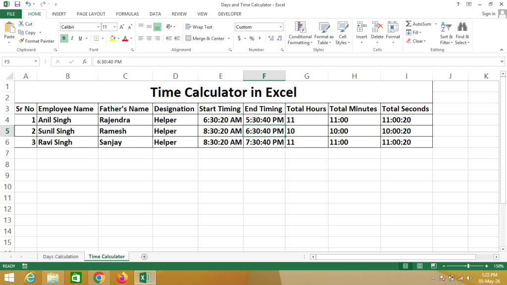 Time Calculator in Excel
