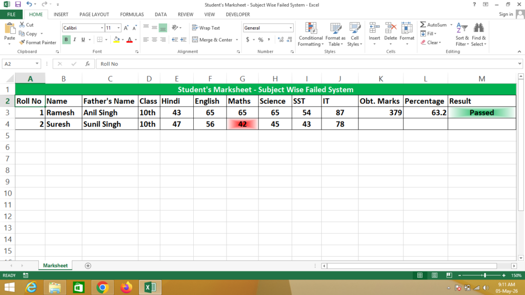 Student's Marksheet - Subject Wise Failed System
