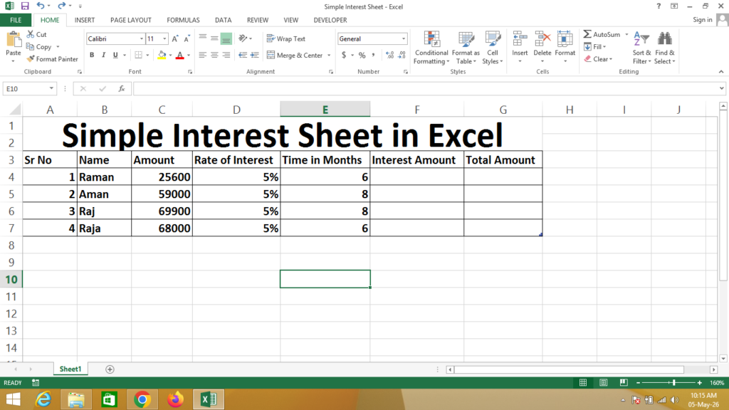 Simple Interest Sheet in Excel