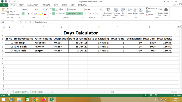 Days Calculator in Excel