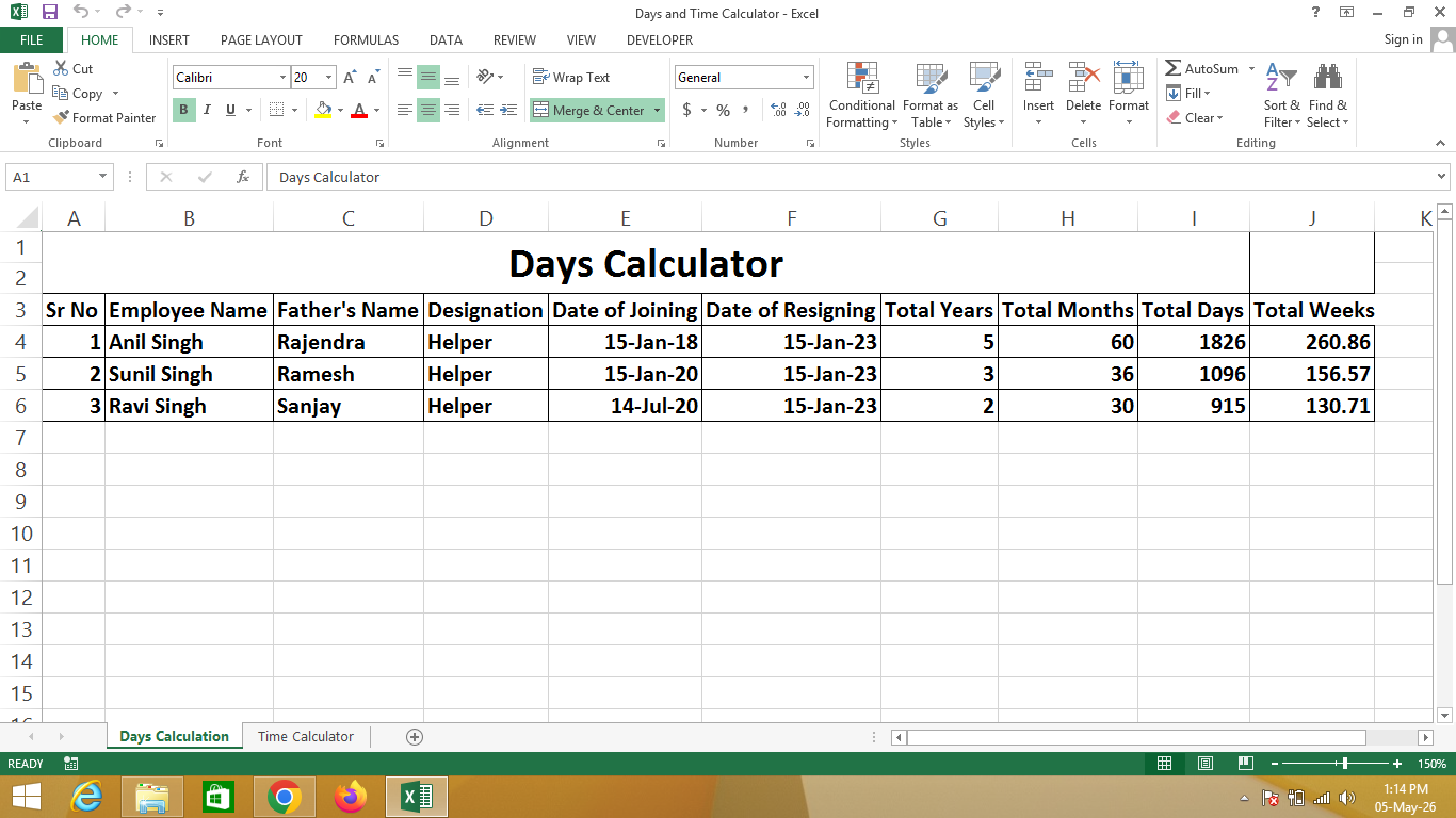 Days Calculator in Excel