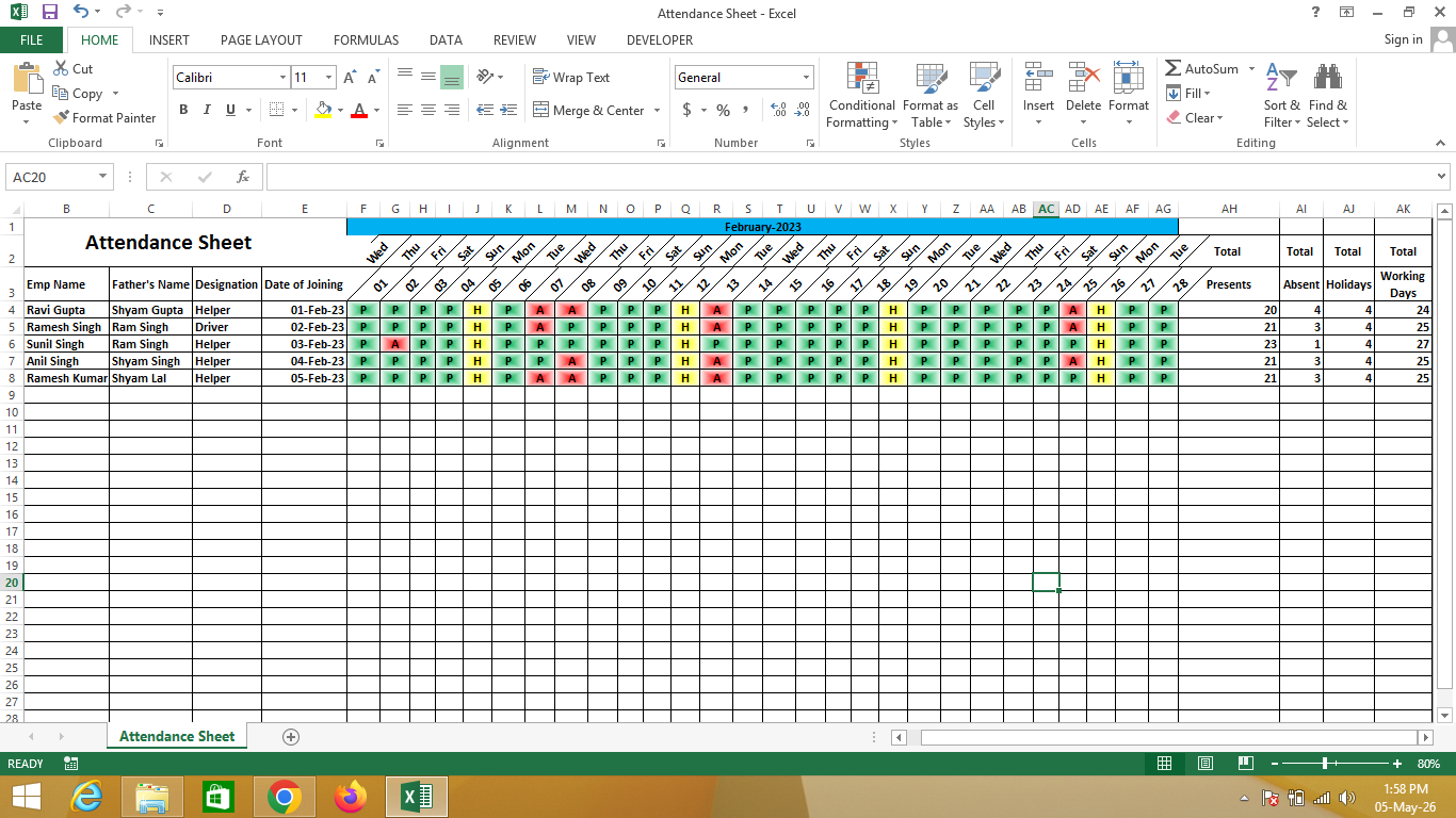 Attendance Sheet for Employee in Excel
