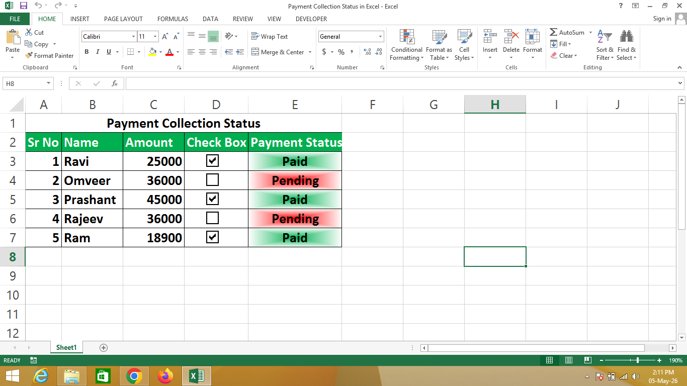 Payment Collection Status in Excel