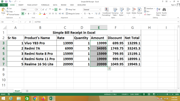 Simple Bill Receipt in Excel