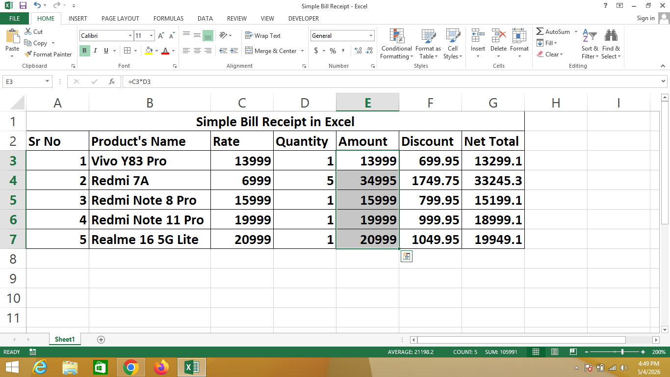 Simple Bill Receipt in Excel